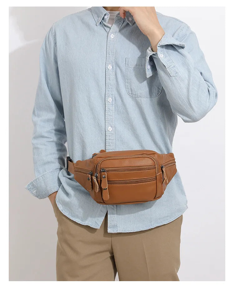 Sac banane en cuir camel homme