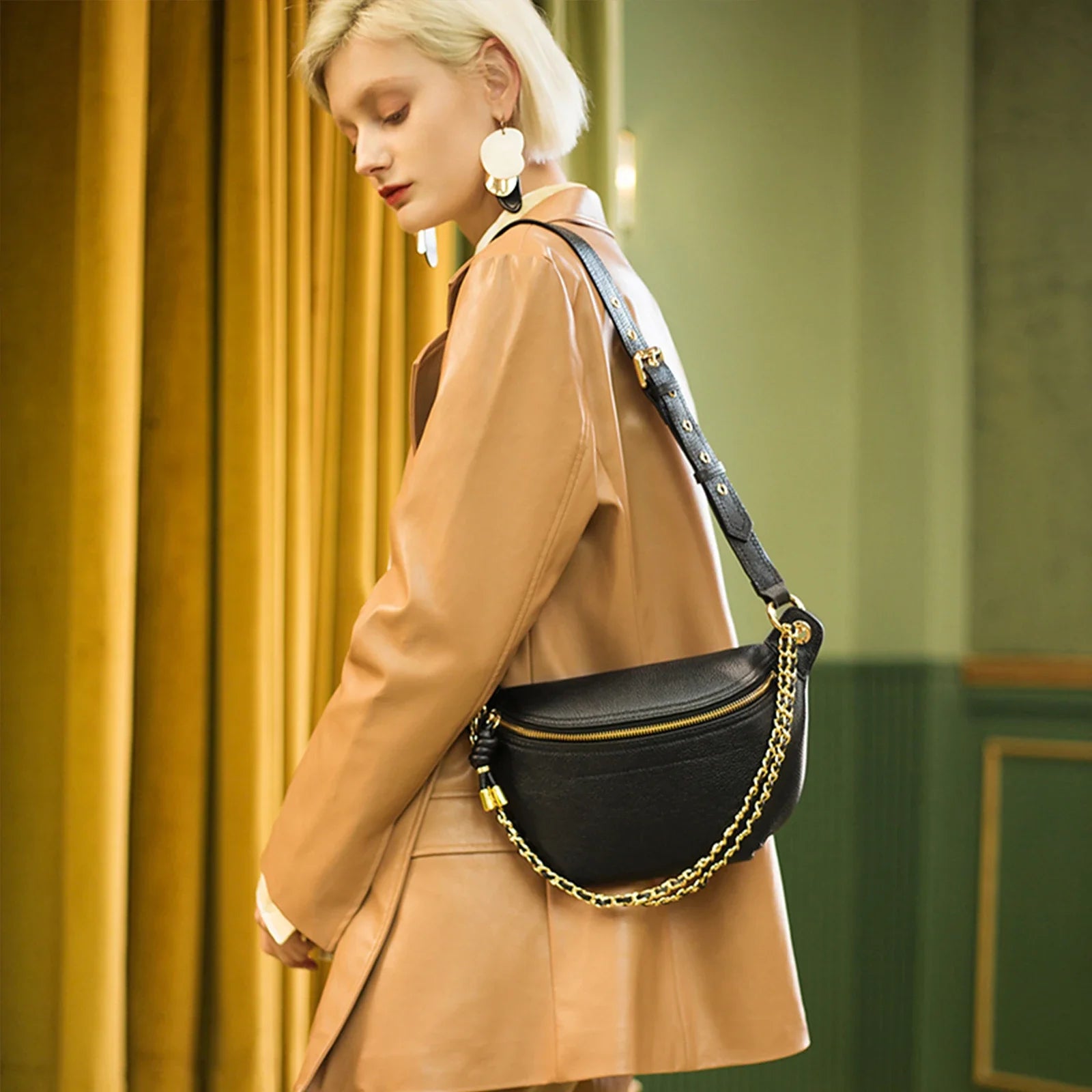 Sac banane en cuir marron authentique