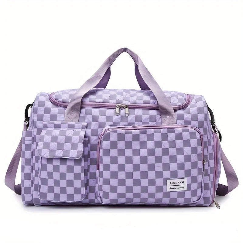 Sac weekend femme à décor plaid Rose-Pourpre-Gris-Noir-Bleu-Vert-ShopGET® 